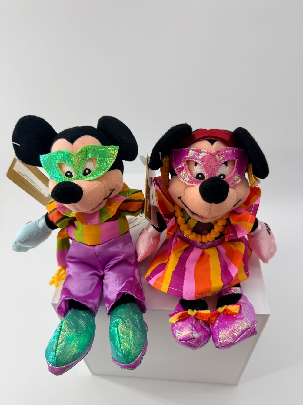 Disney Plush Mickey & Minnie in Green, Pink, Purple and Orange Festival Outfits